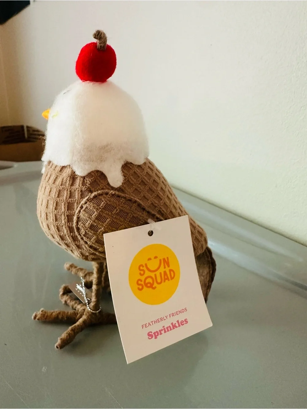 Plush Bird Toy — Ice Cream Sundae Style in White & Brown